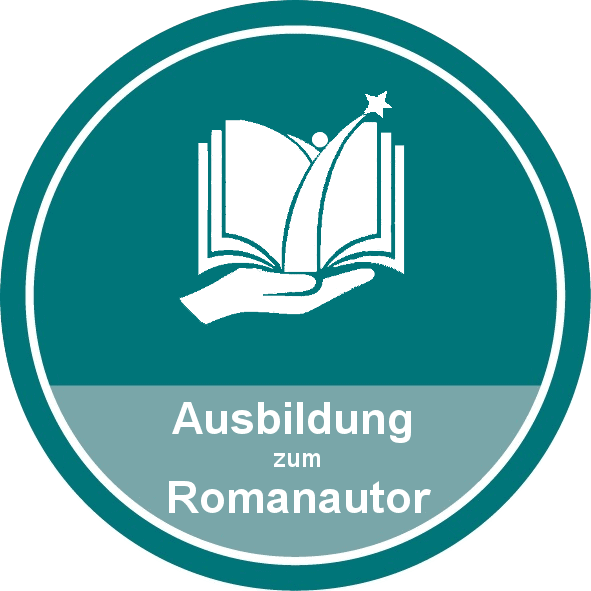 Grafik einer Hand, die ein Buch hält. Das Logo für die Ausbildung zum Romanautor.
